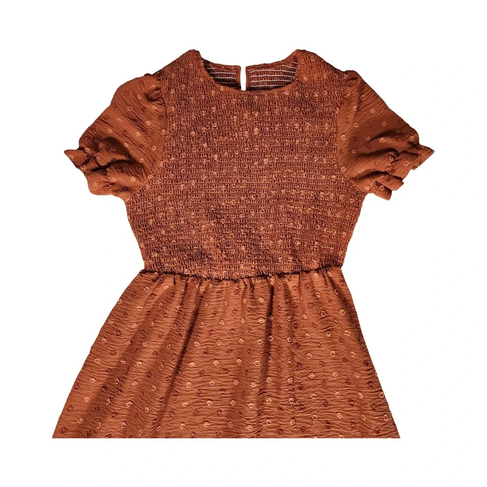 Shein Rust Brown Swiss Dot‎ Smocked Midi Dress Boho Tiered Short Puff Sleeve M 6 - Picture 5 of 11